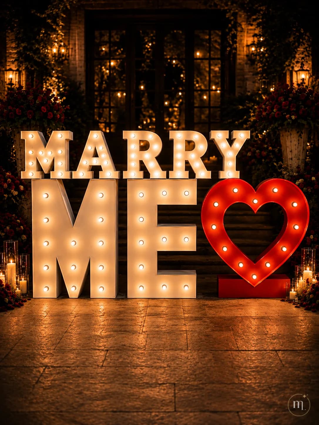 MARRY ME en letras iluminadas con el corazón rojo al lado, entre velas y flores