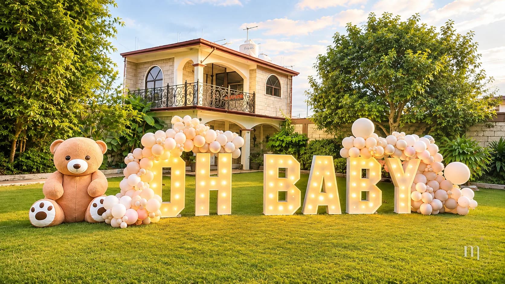 OH BABY en letras iluminadas en un jardín, con un oso de peluche al lado